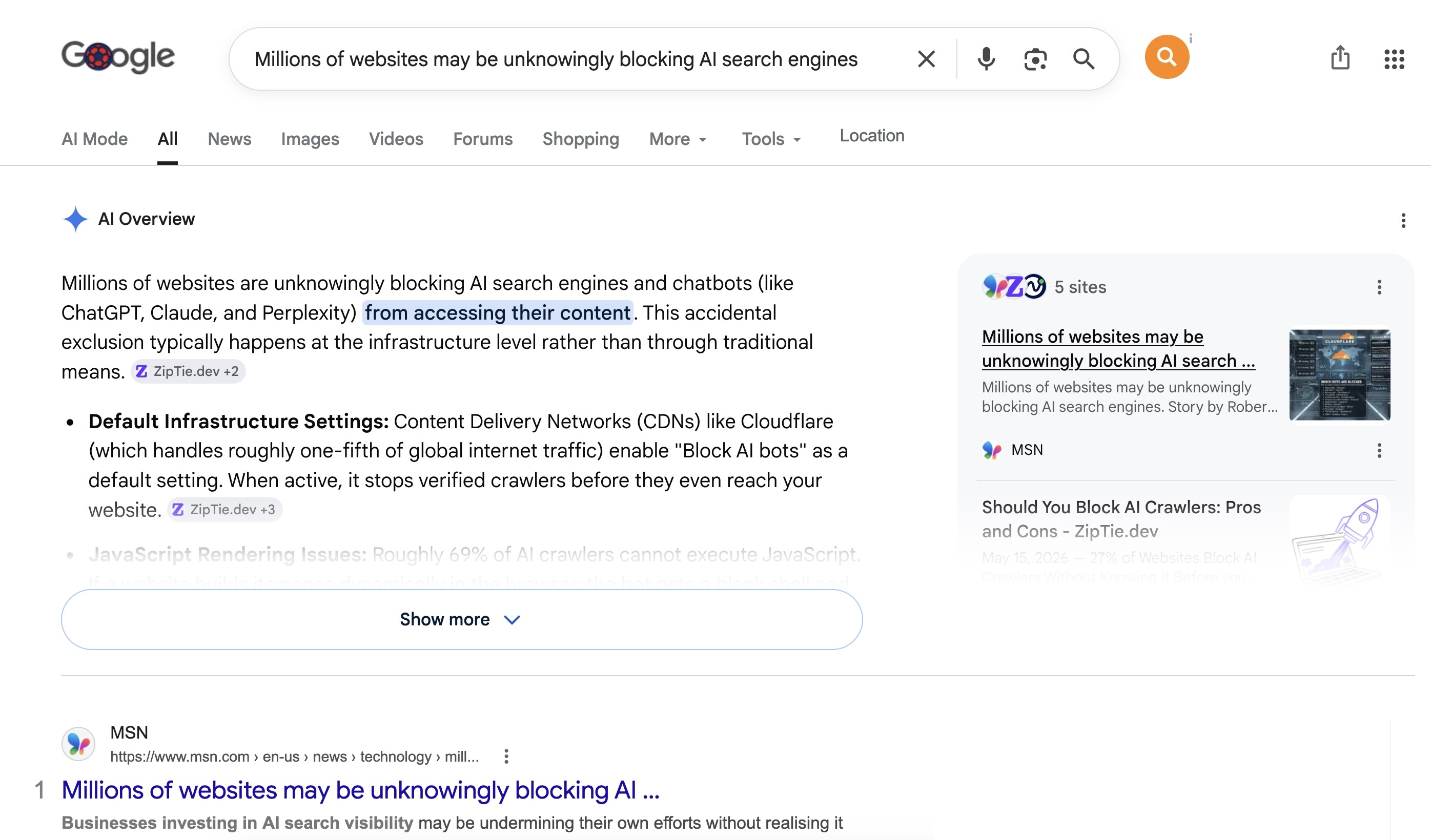 MSN.com article ranking Position 1 on Google with AI Overview citation and AI Mode tab visible