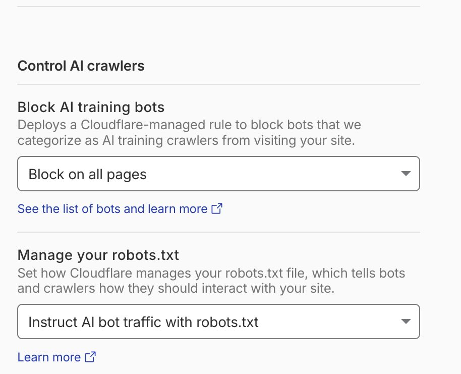 Cloudflare Block AI bots toggle enabled by default on a new domain