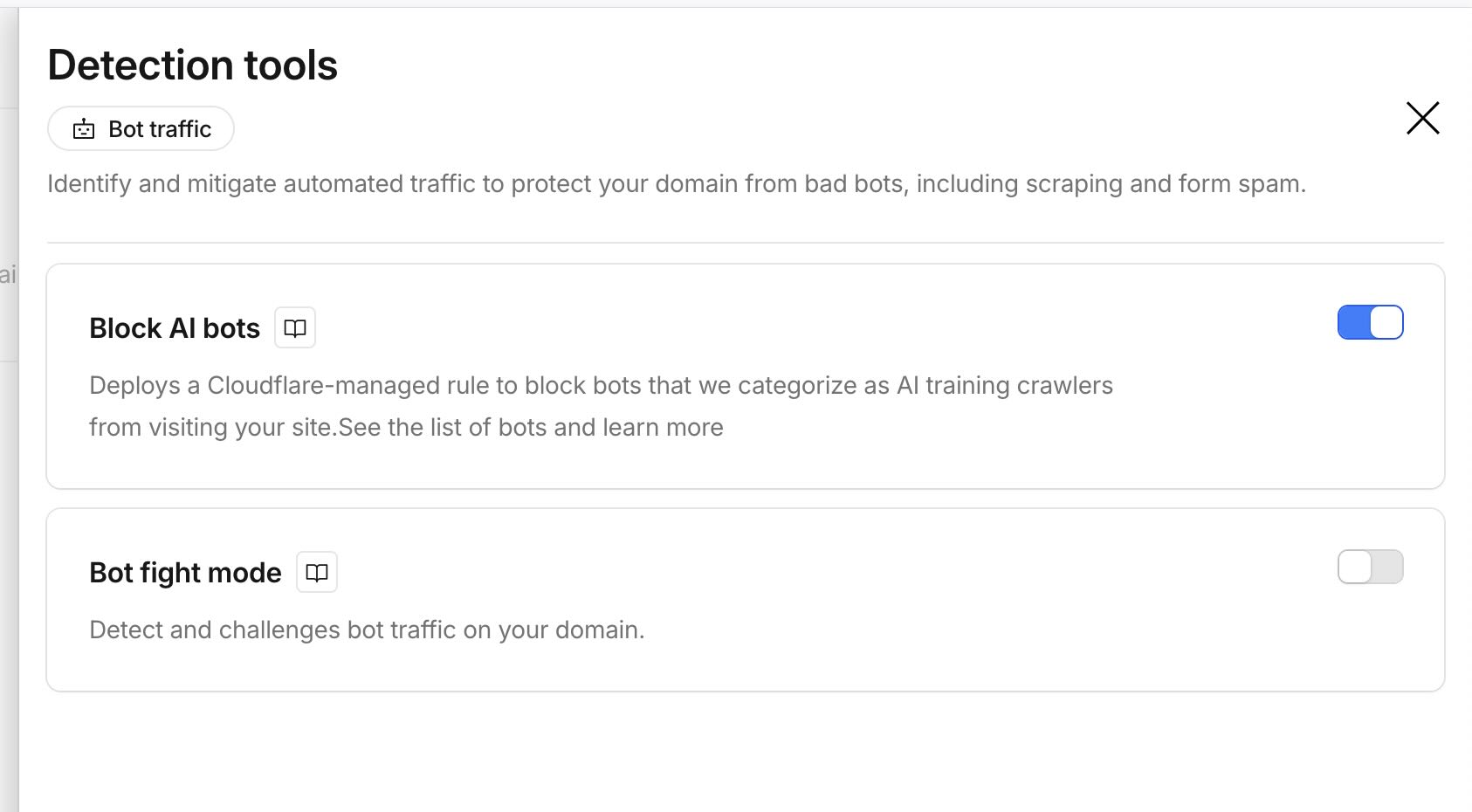 Cloudflare Control AI crawlers panel showing Block AI training bots set to Block on all pages by default