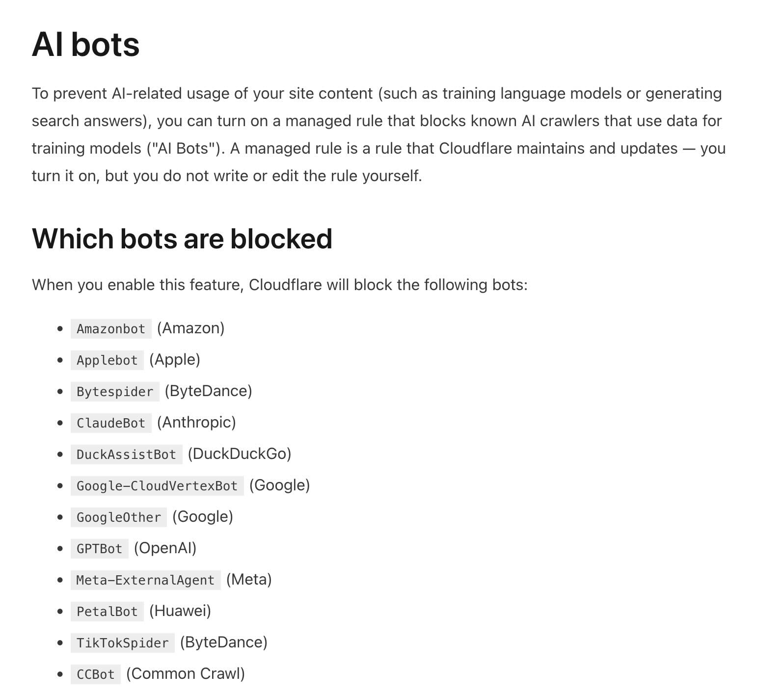Cloudflare documentation showing the full list of blocked AI bots including GPTBot and ClaudeBot
