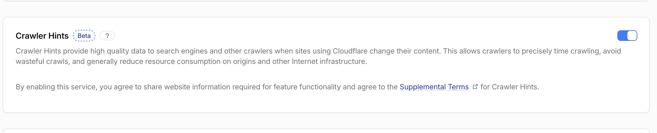 Cloudflare Crawler Hints toggle enabled in Caching Configuration settings