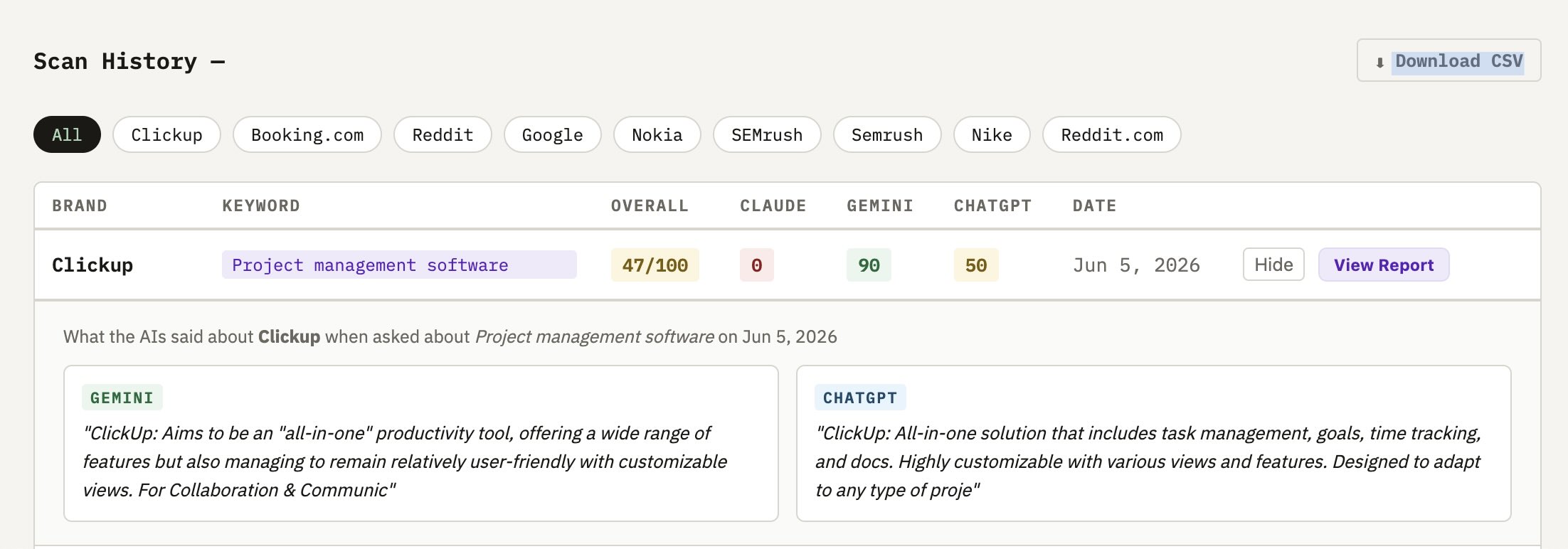 Scan history dashboard with CSV export